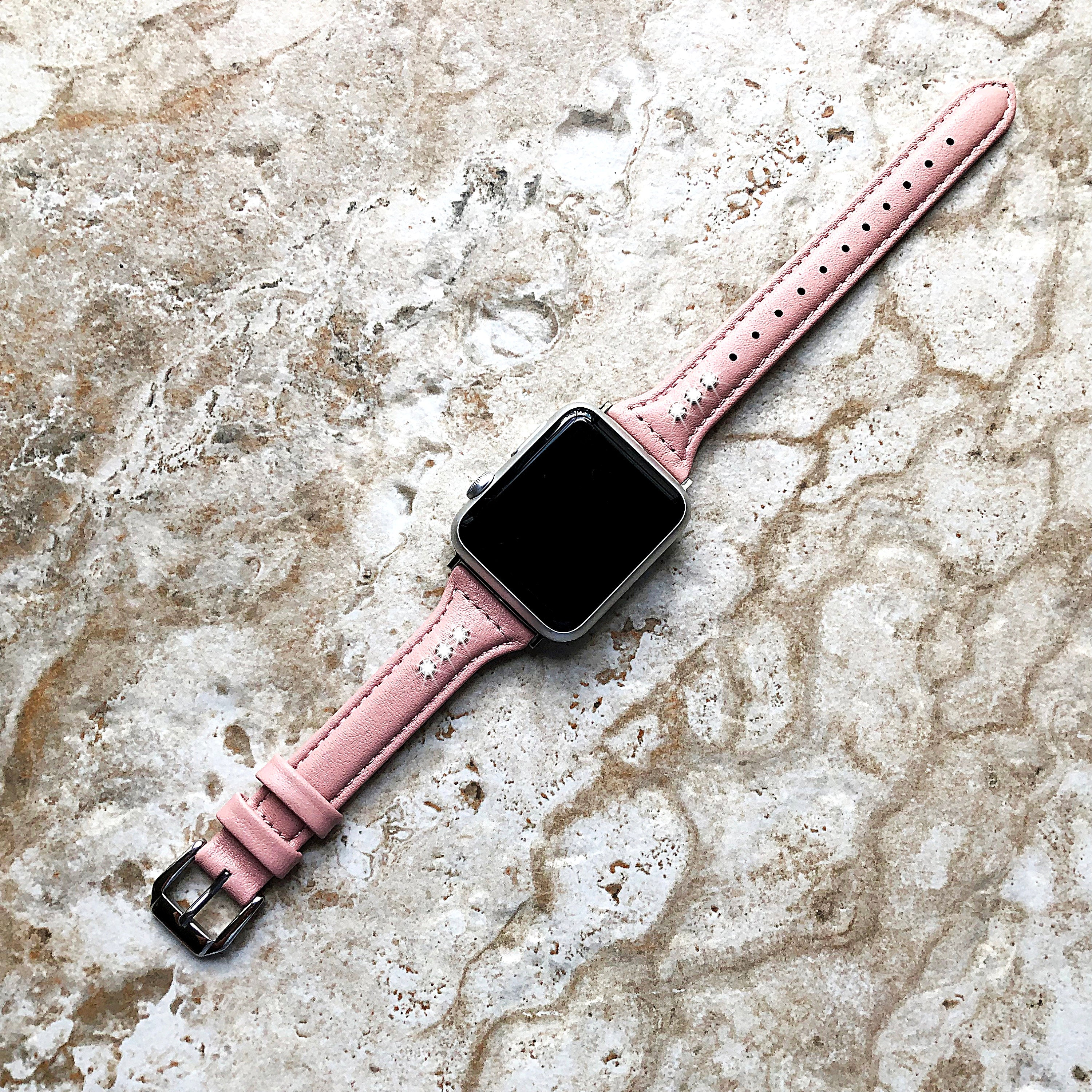 Apple Pink Leather with Crystals Slim Elegant Soft Band Strap Bracelet for iWatch Ultra 2 49mm and 9 8 Series 41mm 45mm Case Handmade